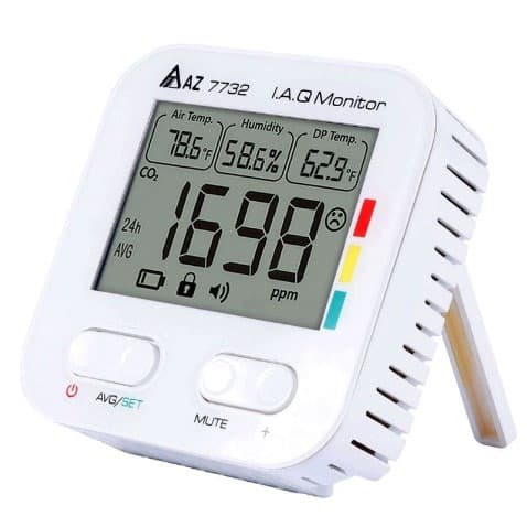 AZ 7732 indoor air quality monitor displaying CO2 in ppm with air temperature, humidity and dew point
