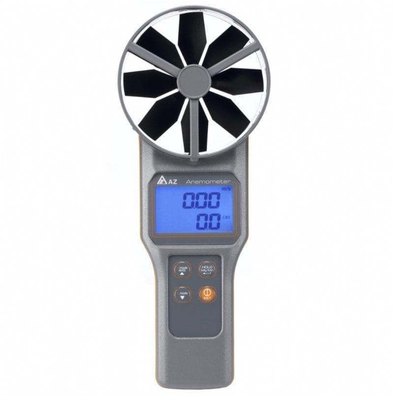 AZ 89321 Vane Anemometer with 10 cm vane head and backlit LCD showing air velocity in m/s
