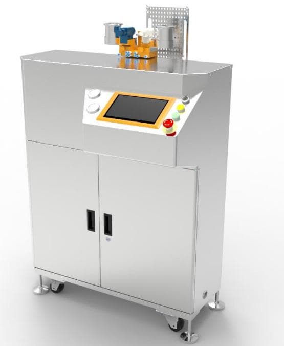 BEVS 1826 Automatic Panel Sprayer, a stainless steel cabinet with touchscreen control panel and spray gun unit