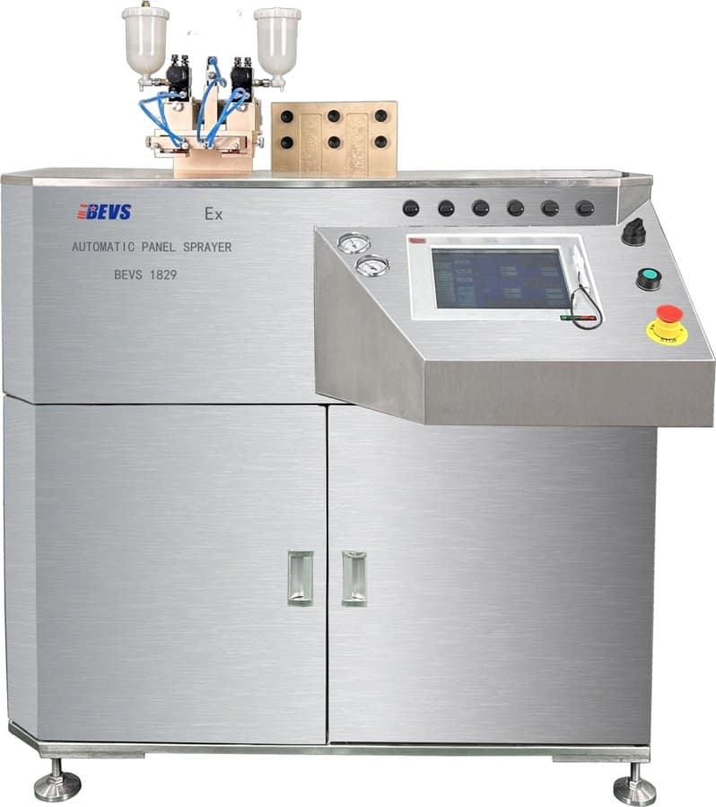 BEVS 1829 EXP Automatic Panel Sprayer, a stainless steel cabinet with twin spray guns, pressure gauges and a touchscreen control panel