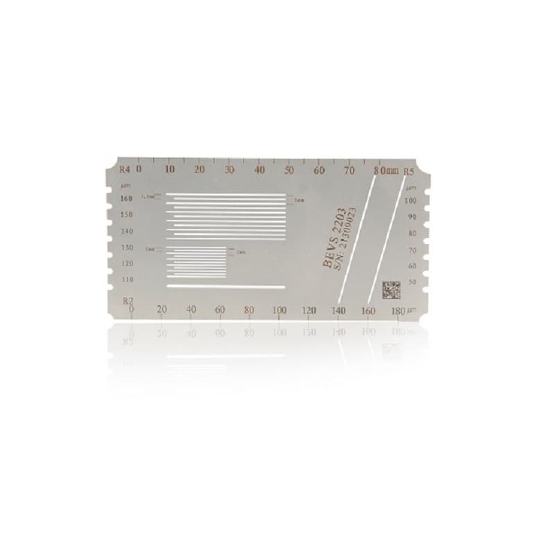 BEVS 2203 Multi-hatch Gauge, a flat stainless steel plate with cutting guide slots and notched edges