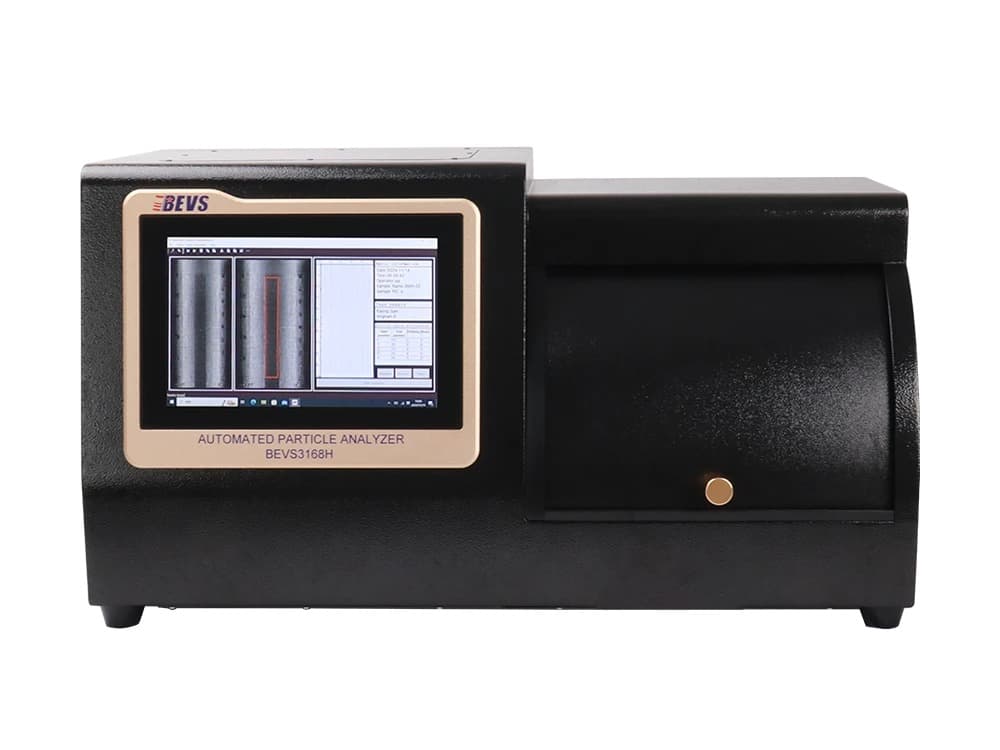 BEVS 3168H Automated Particle Analyzer, front view with touch screen and sliding sample chamber cover