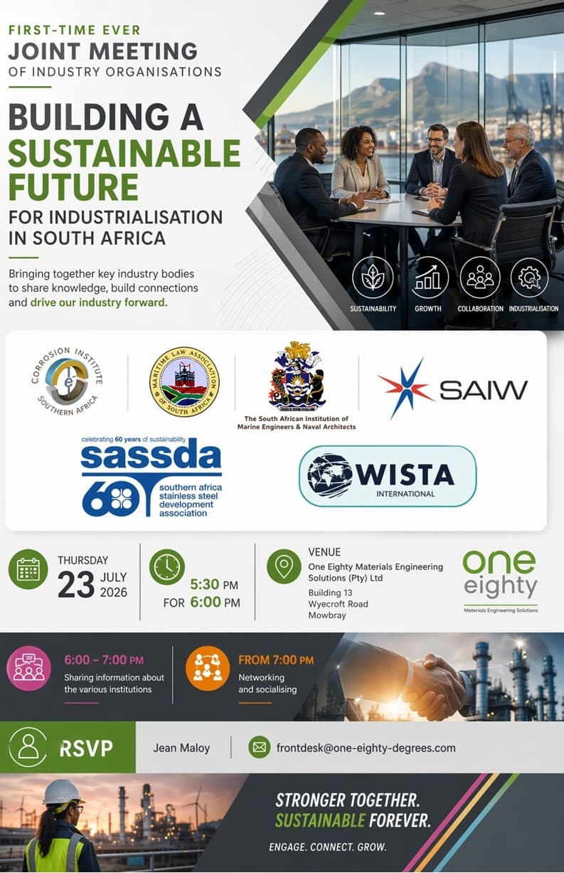 Flyer for the joint industry meeting on building a sustainable future for industrialisation in South Africa, Thursday 23 July 2026, 5:30 for 6:00 PM, at One Eighty Materials Engineering Solutions, Building 13, Wyecroft Road, Mowbray. RSVP to Jean Maloy at frontdesk@one-eighty-degrees.com.